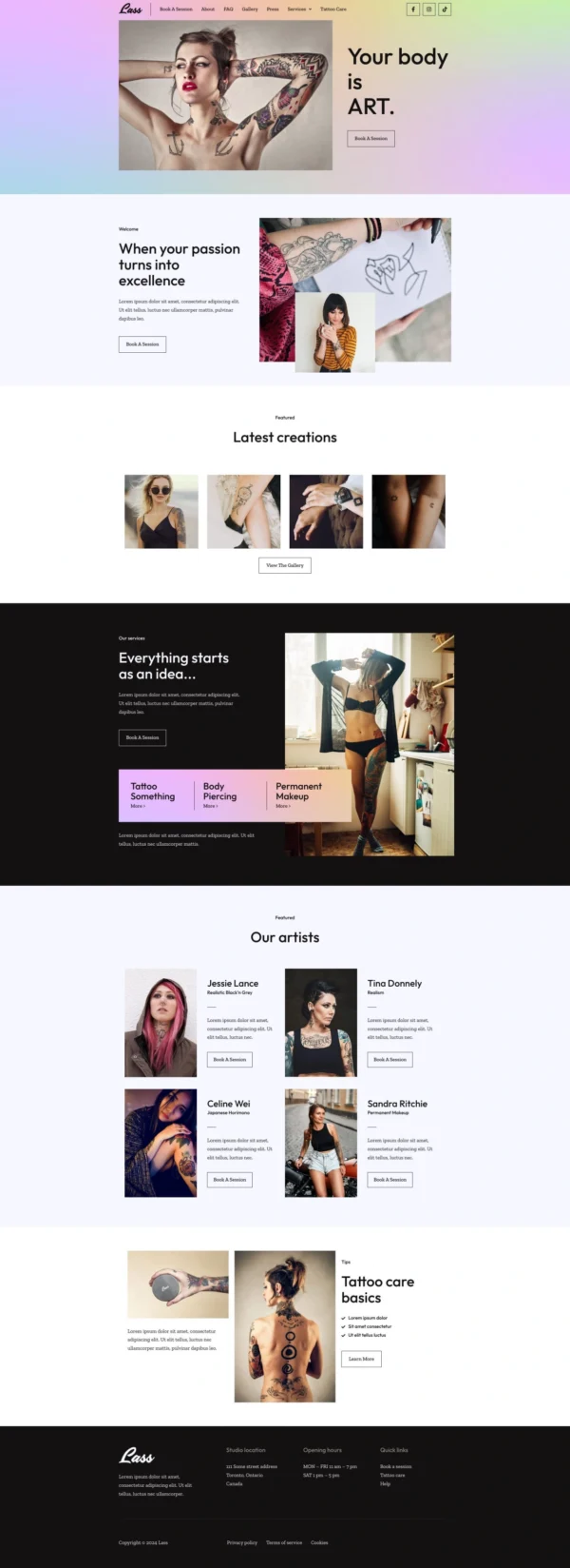 Lass - Tattoo Artist & Piercing Studio Website Design Package