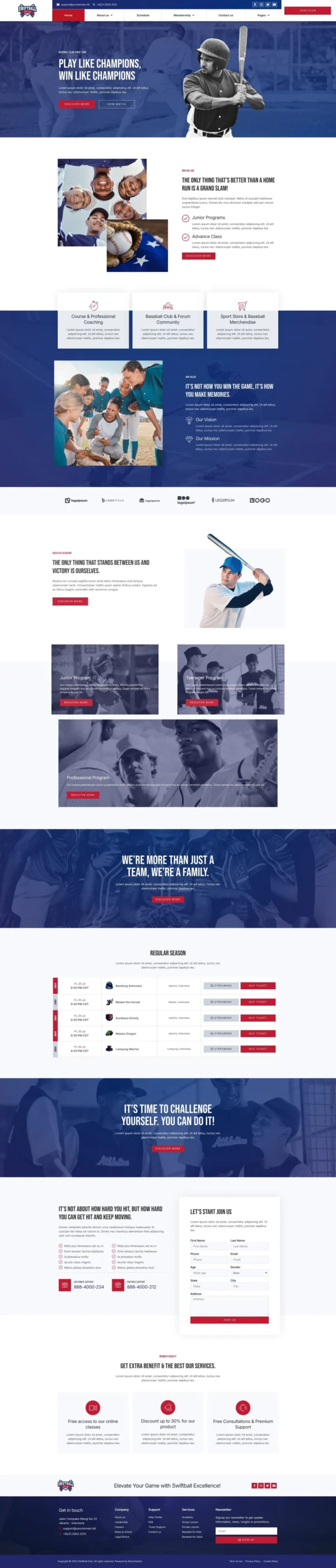 SwiftBall - BaseBall Team & Sport Club Website Design Package