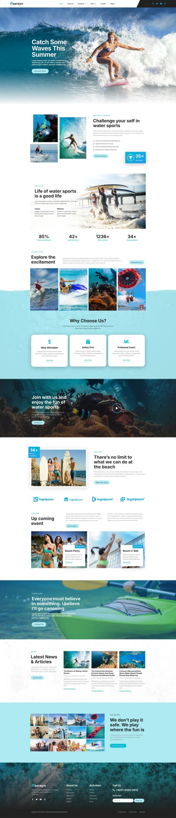Earwyn - Water Sports & Surfing Website Design Package